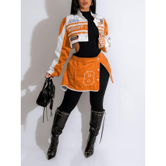 Women Varsity Jacket Motorcycle Racer Detachable Letter Graphic Jackets Orange - Picture 4 of 5
